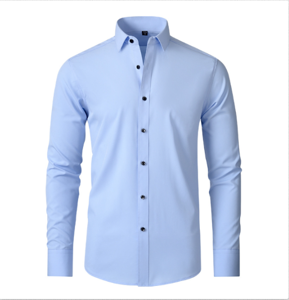 Men's light blue long-sleeve button-up shirt with spread collar and button front