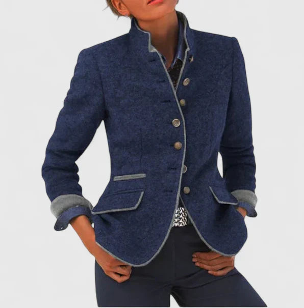 Tailored button cardigan in blue heather with button front, notched collar, patch pockets