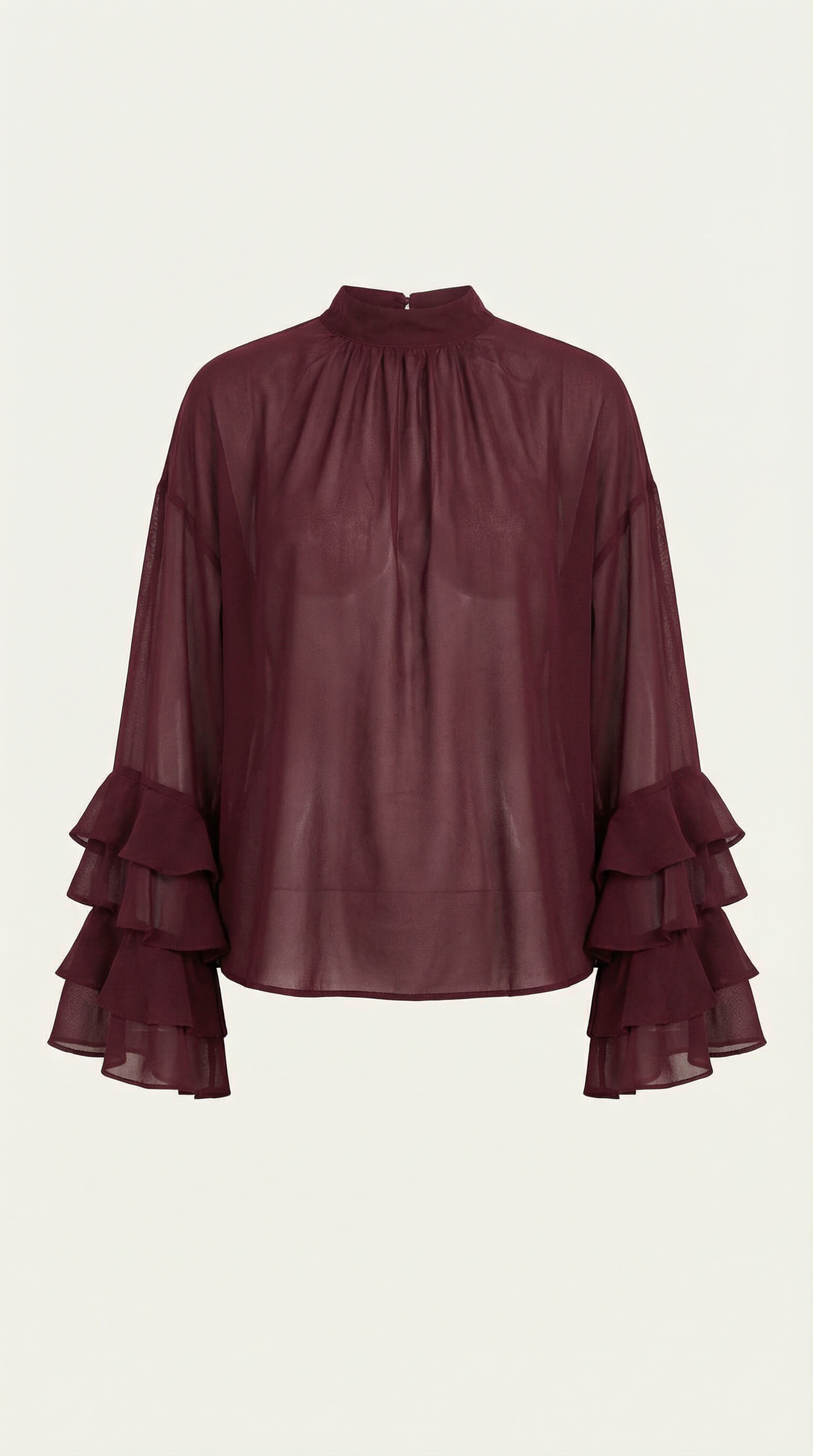 Burgundy high-neck sheer blouse with layered ruffle sleeves