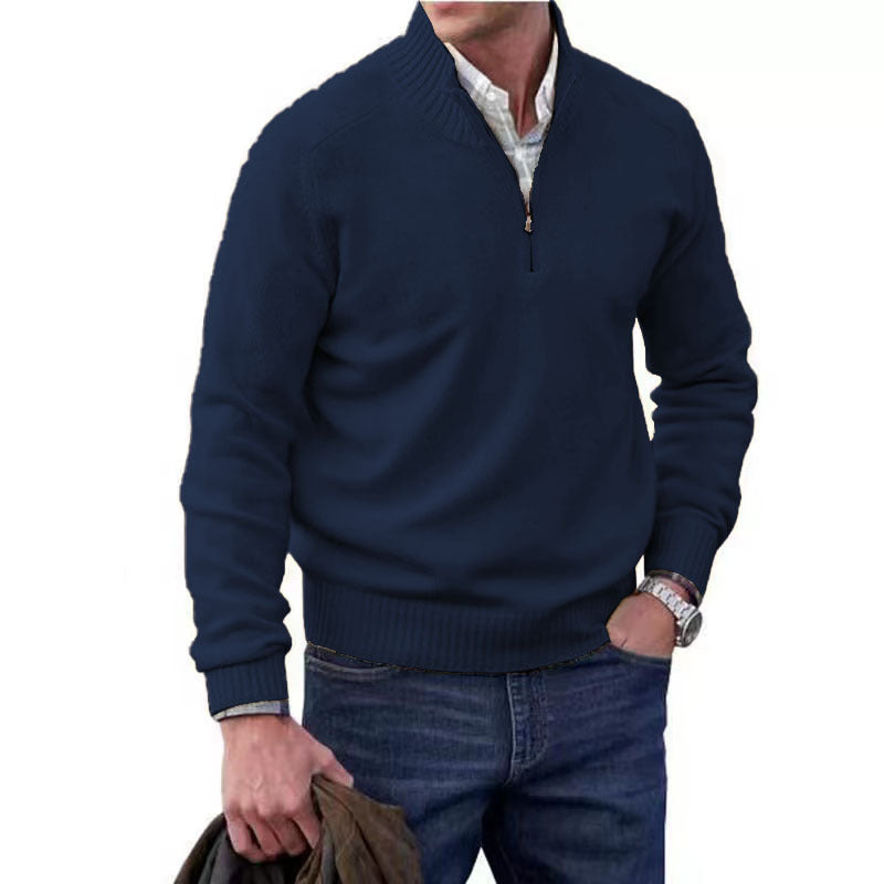Navy zip-collar knit pullover with half zipper, ribbed hem and cuffs
