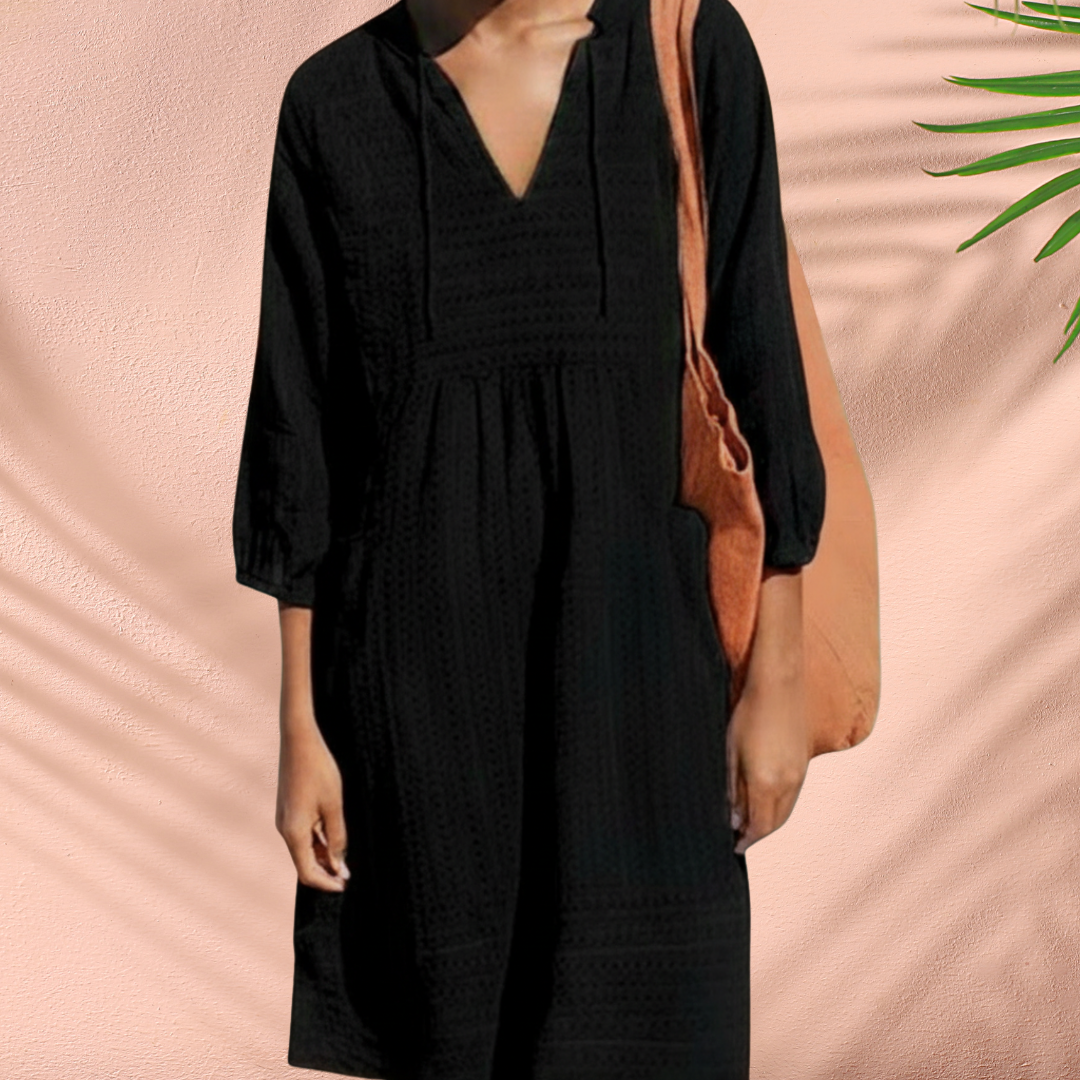 Black V-neck tunic dress with gathered waist, textured fabric, 3/4 sleeves