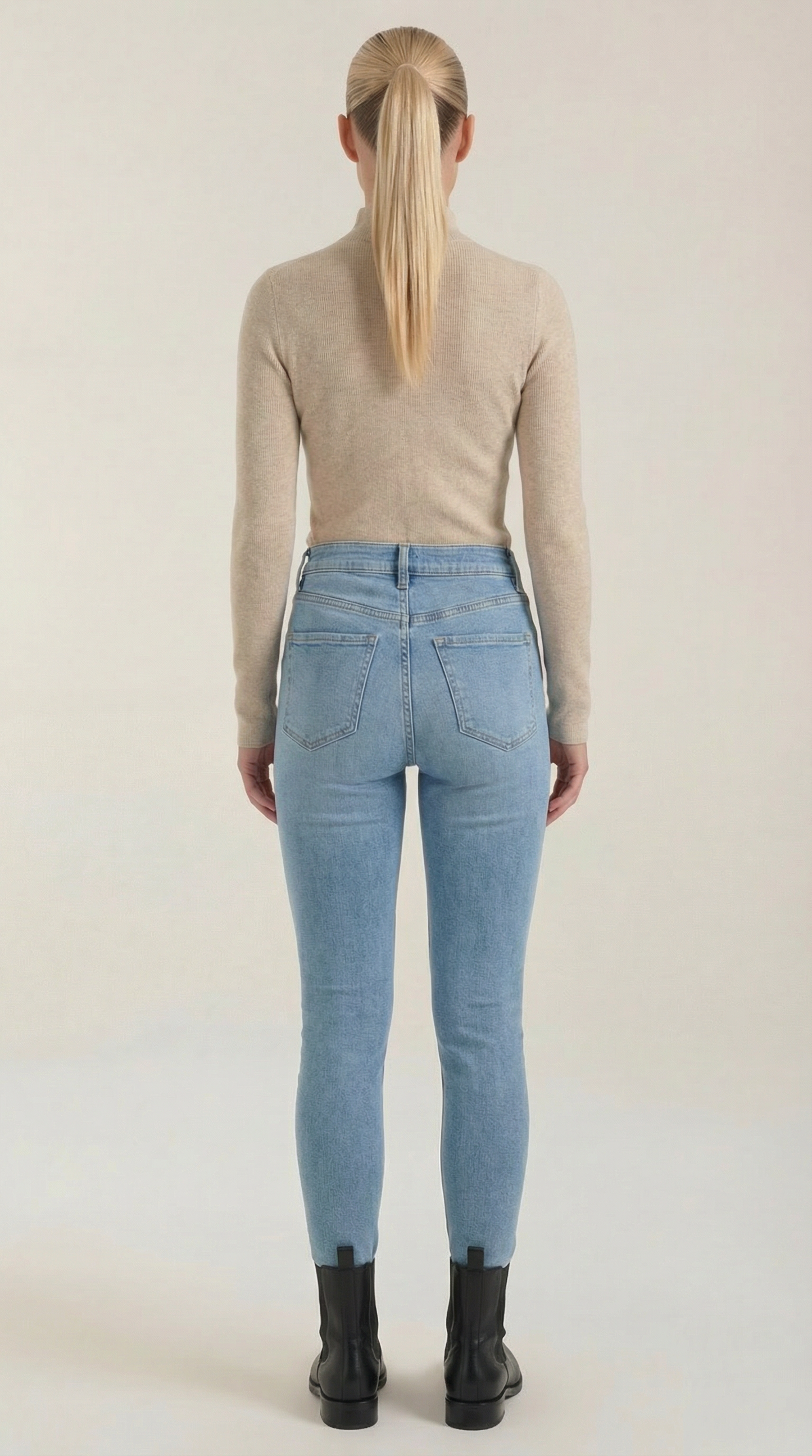 Women’s cotton mock neck top, long sleeve, beige (back view)