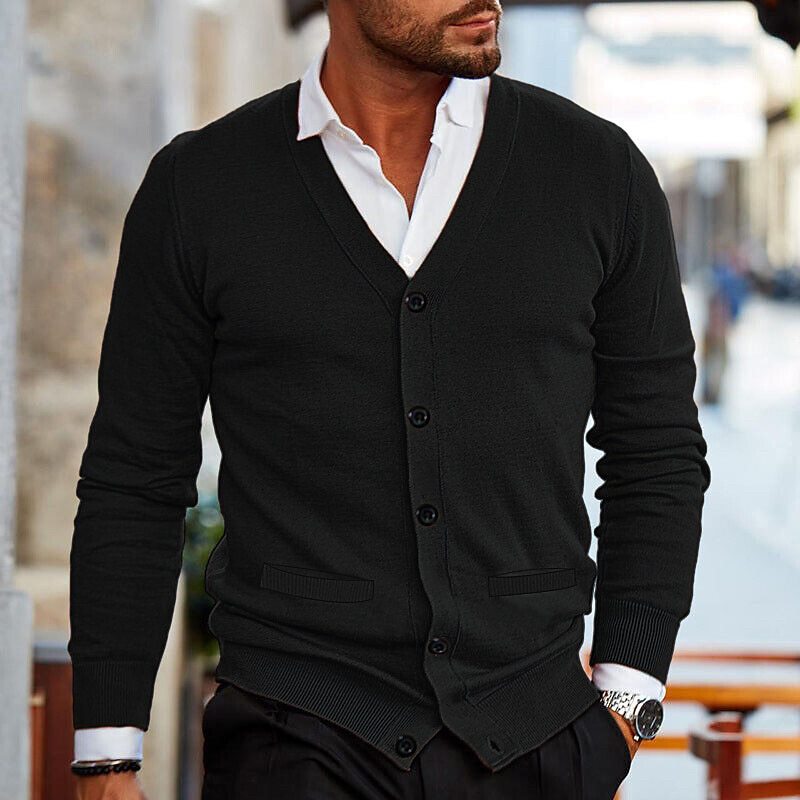 Men's black V-neck button cardigan with front buttons and pockets