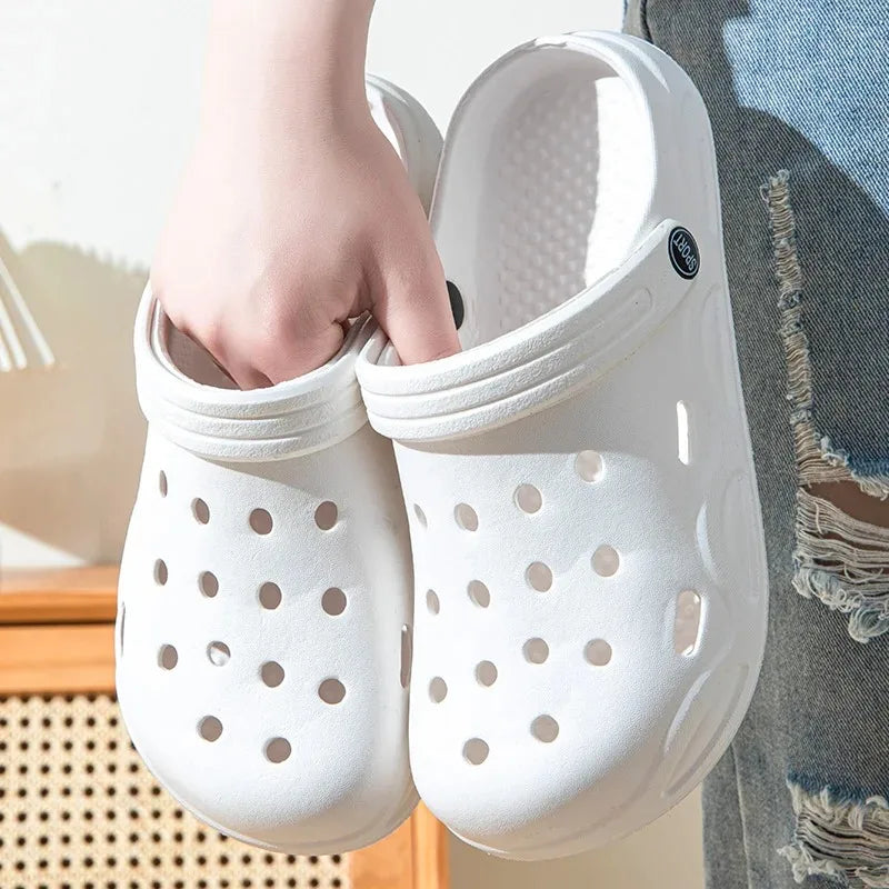 White unisex garden clogs, slip-on with perforated design and cushioned footbed