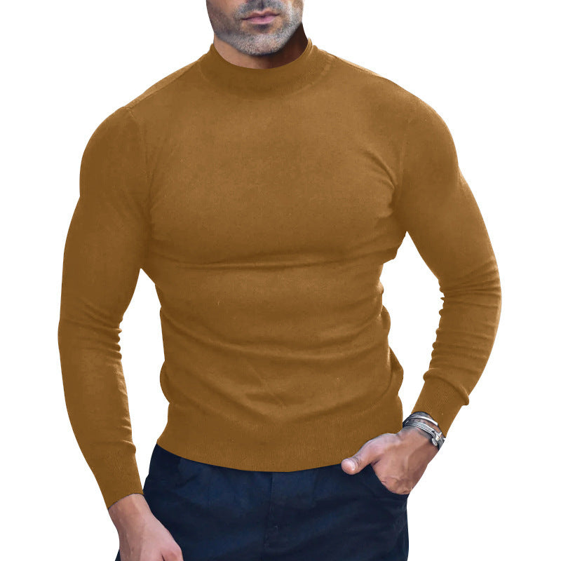 Brown fine-knit roll-neck sweater with long sleeves