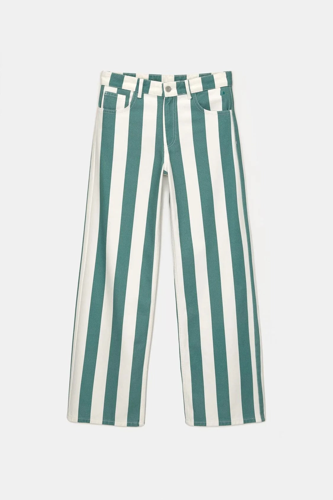 Green and White Striped Straight-Leg Trousers