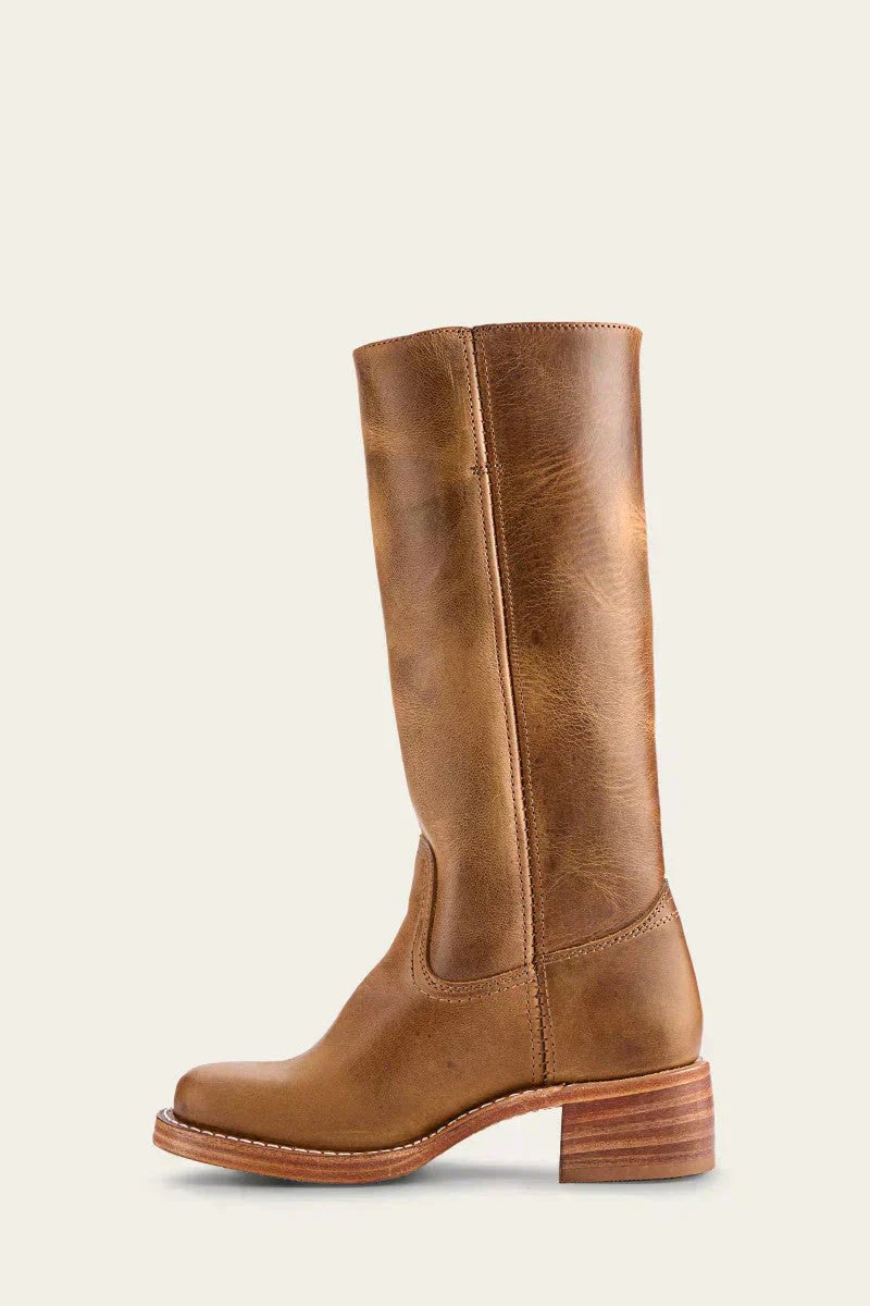 Knee-high leather boots, tan, pull-on with side gore and low stacked heel