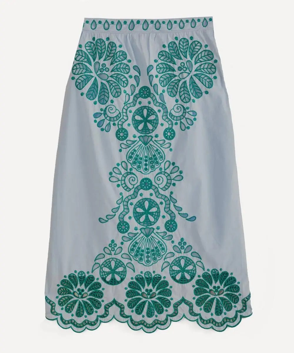Light Blue Embroidered Midi Skirt with Scalloped Hem