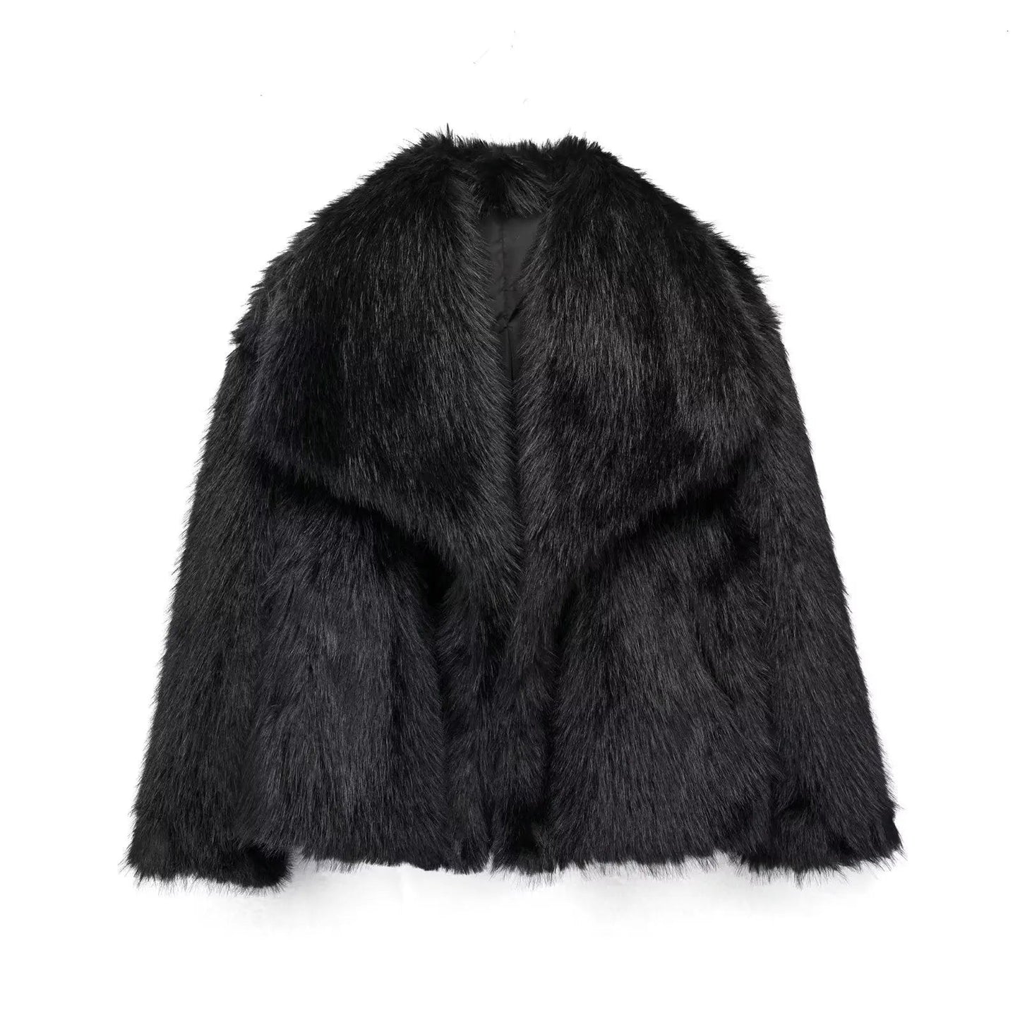 Women's faux fur jacket, shaggy black with shawl-style collar and long sleeves