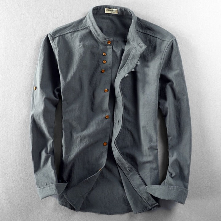 Dark grey Japanese-style stand-collar shirt with long sleeves and button front placket
