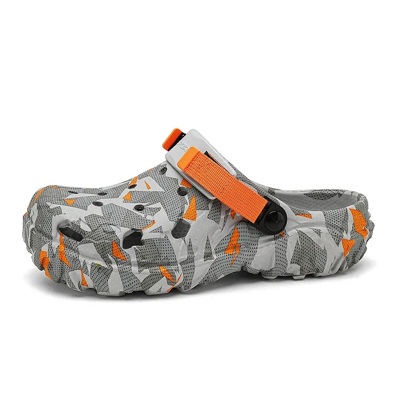Men's camouflage garden clog with orange strap, slip-on outdoor slipper