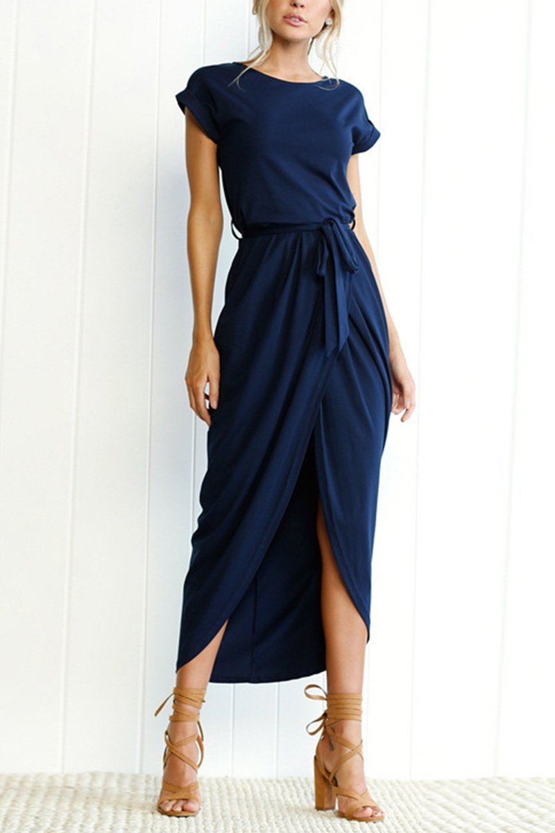 Dark blue cap-sleeve belted maxi dress with side slit and tied waist