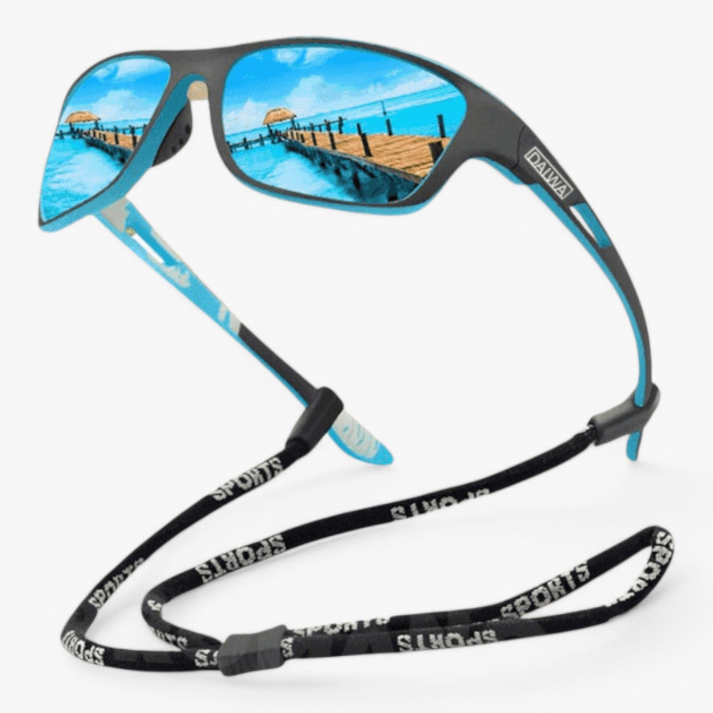 Professional cycling sunglasses with light blue frame and mirrored blue lenses