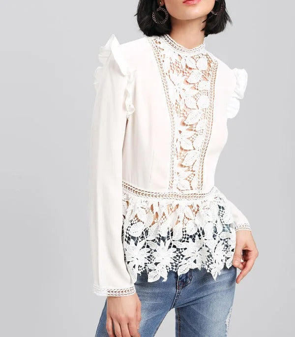 White Long Sleeve Blouse with Lace Panel and Ruffle Details