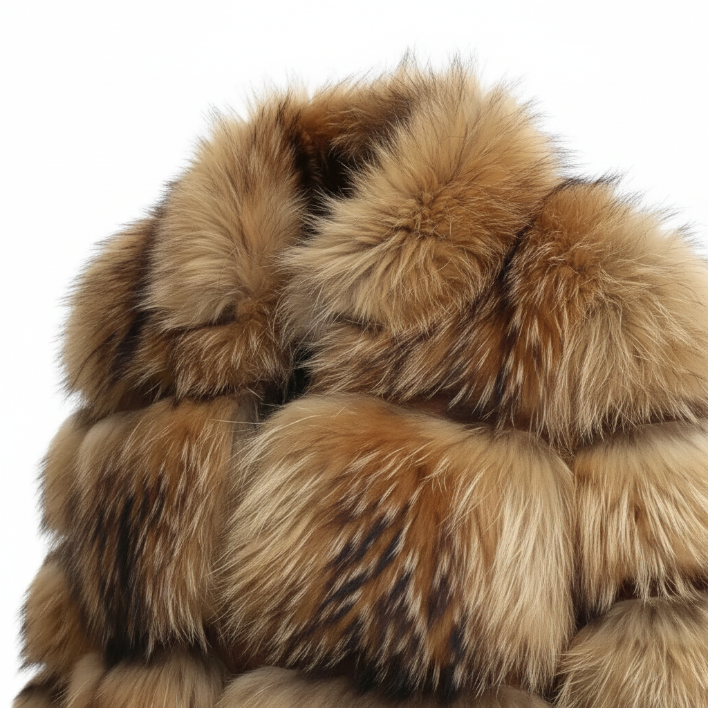 Close-up of brown faux fur jacket with layered striped texture
