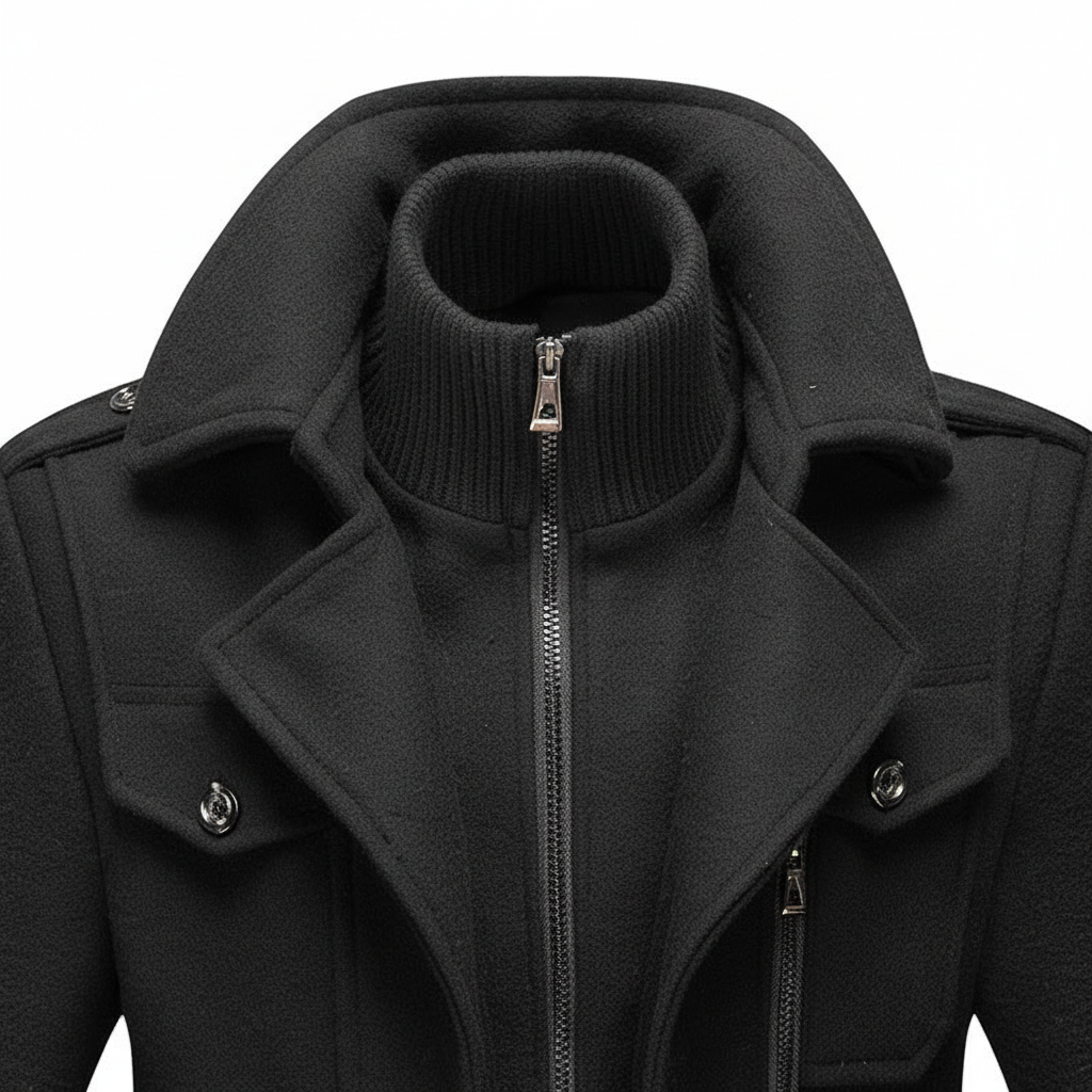 Black wool coat close-up: stand-up knit collar with centered zip and flap button details