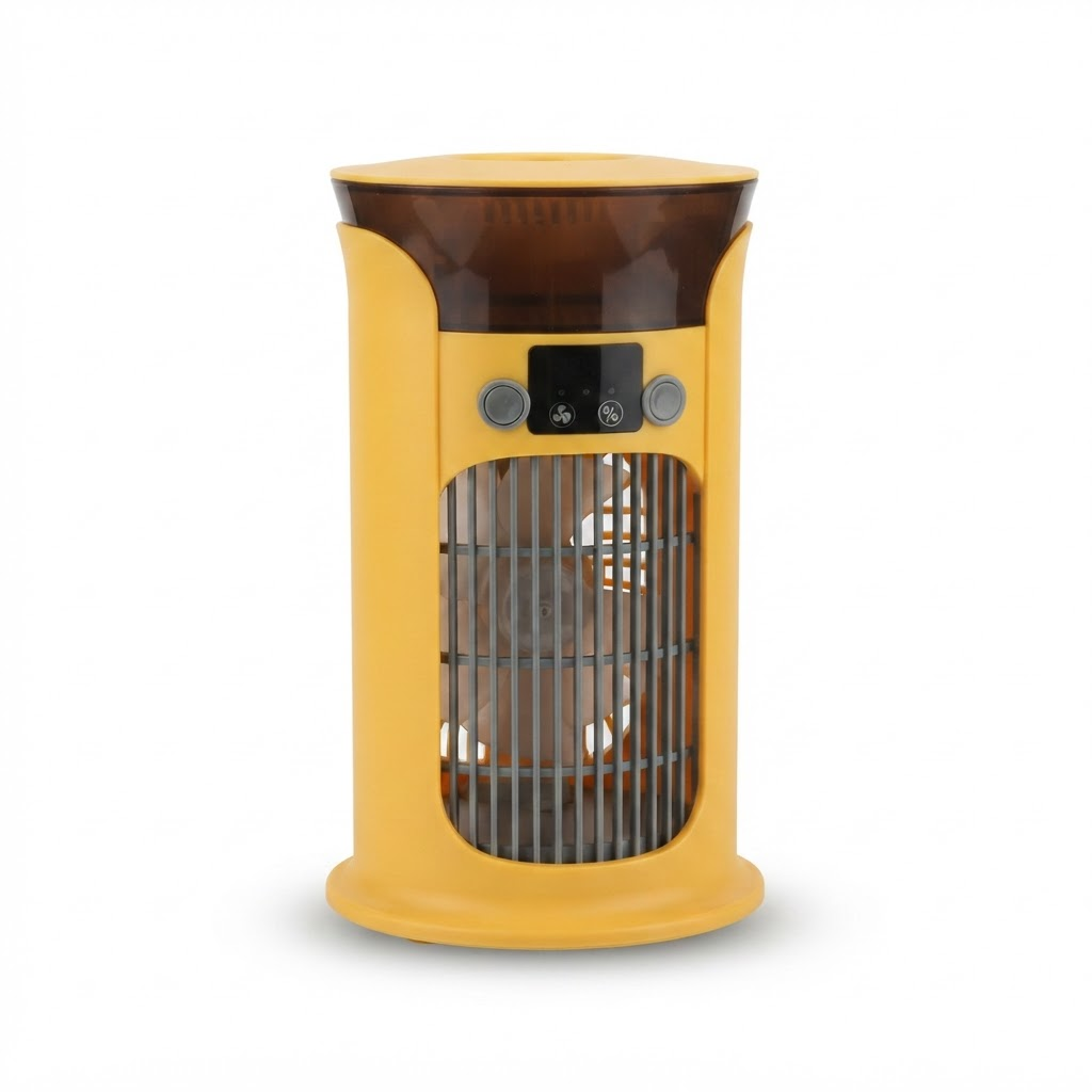 Yellow mini air cooler fan with mesh grille and digital control panel