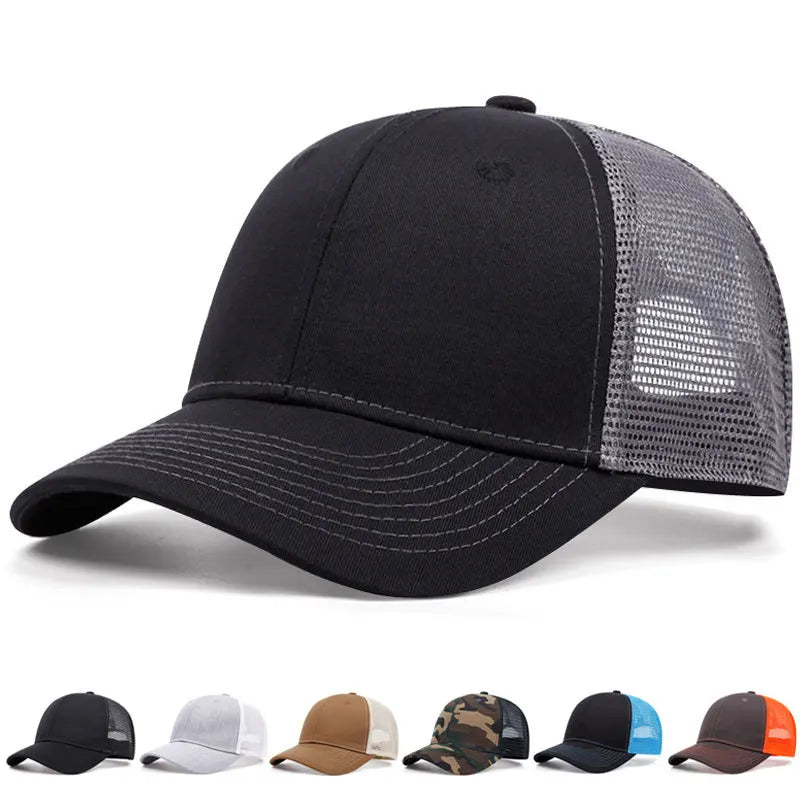 Black and gray mesh baseball cap with curved brim and stitched panels