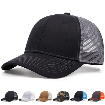 Black and gray mesh baseball cap with curved brim and stitched panels