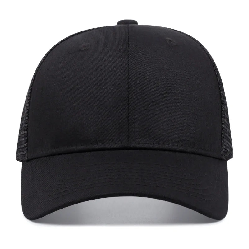 Black fabric baseball cap with curved brim and structured crown