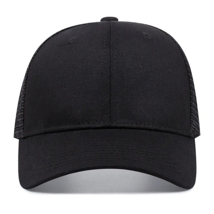 Black fabric baseball cap with curved brim and structured crown