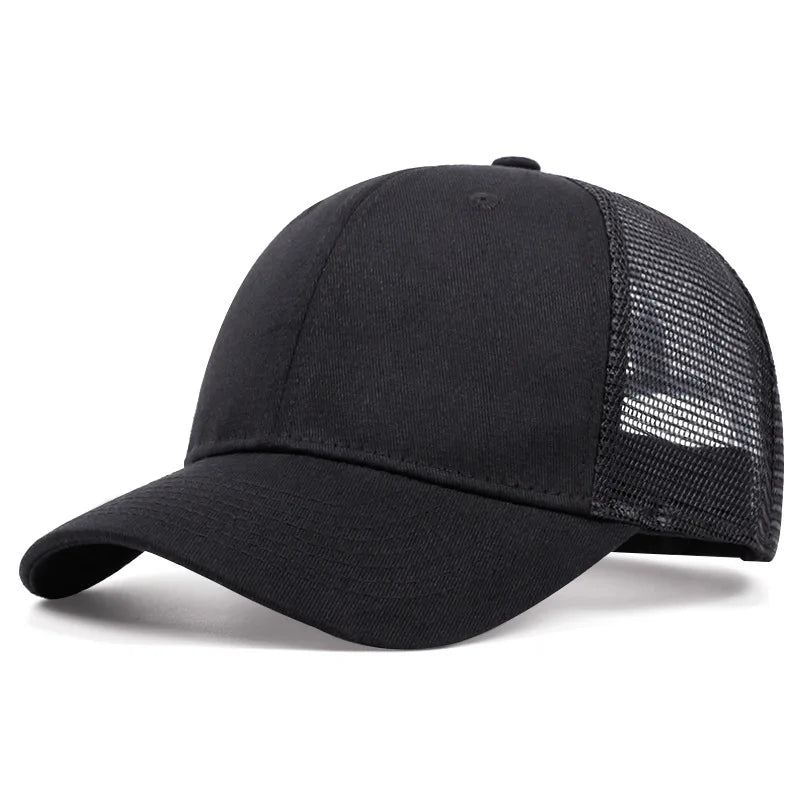 Black and gray mesh baseball cap with curved brim and stitched side panels