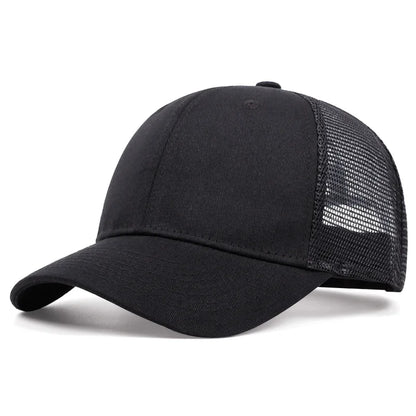 Black and gray mesh baseball cap with curved brim and stitched side panels