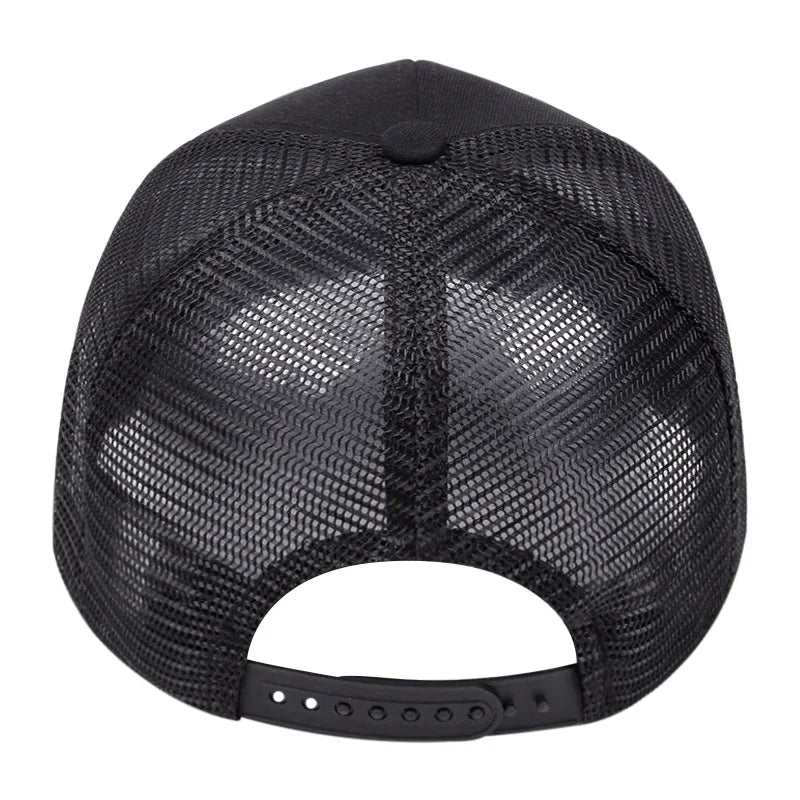 Black ventilated mesh baseball cap with curved brim and snapback strap closure