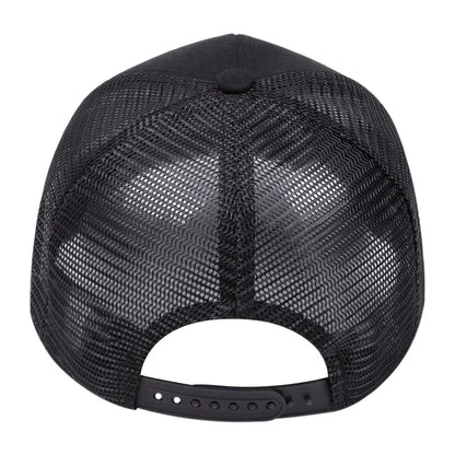Black ventilated mesh baseball cap with curved brim and snapback strap closure