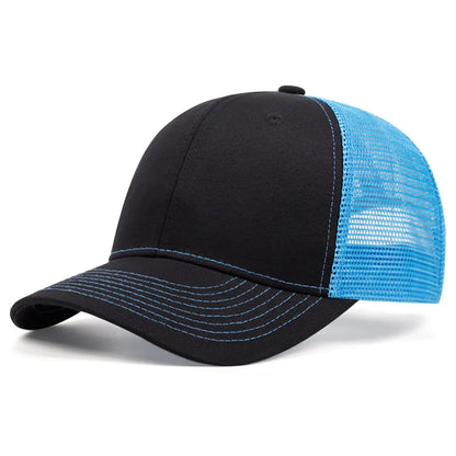 Black and blue mesh baseball cap with curved brim and contrast stitching