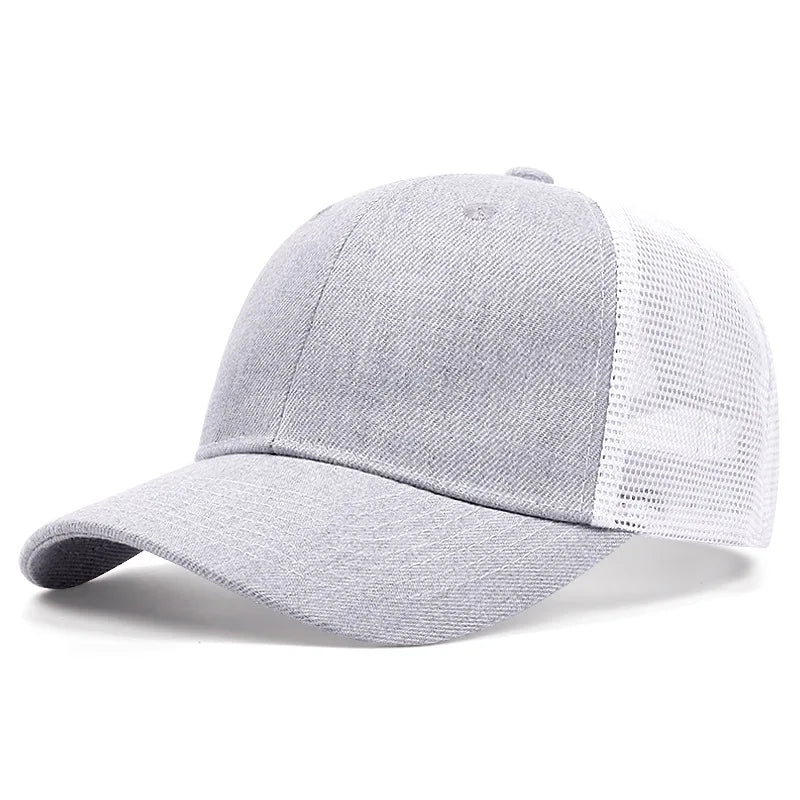 Light gray and white mesh baseball cap with curved brim and breathable side panel