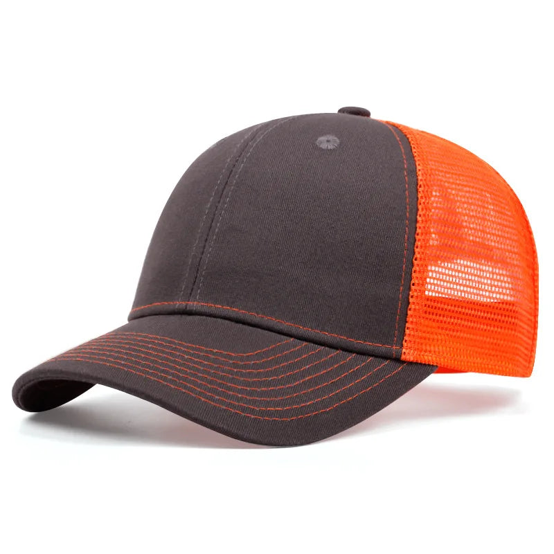 Brown and orange mesh baseball cap with curved brim and layered stitched seam