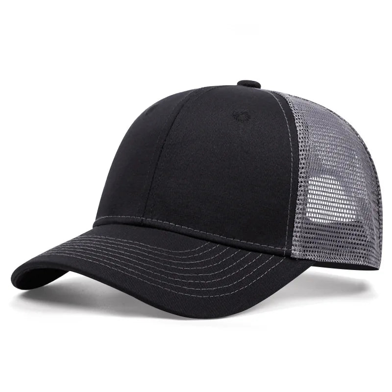 Black and dark gray mesh baseball cap with curved brim and stitched center seam