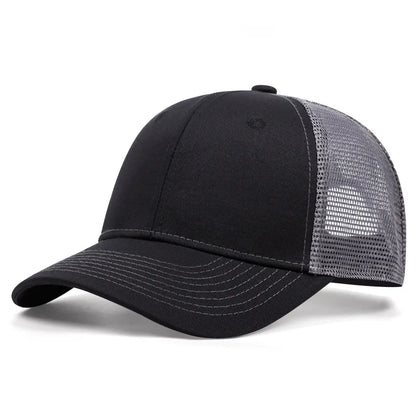 Black and dark gray mesh baseball cap with curved brim and stitched center seam
