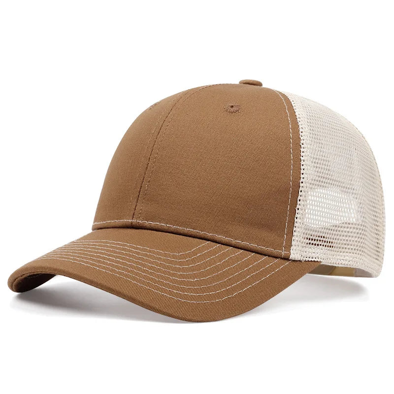 Tan and white mesh baseball cap with curved brim and breathable side panel