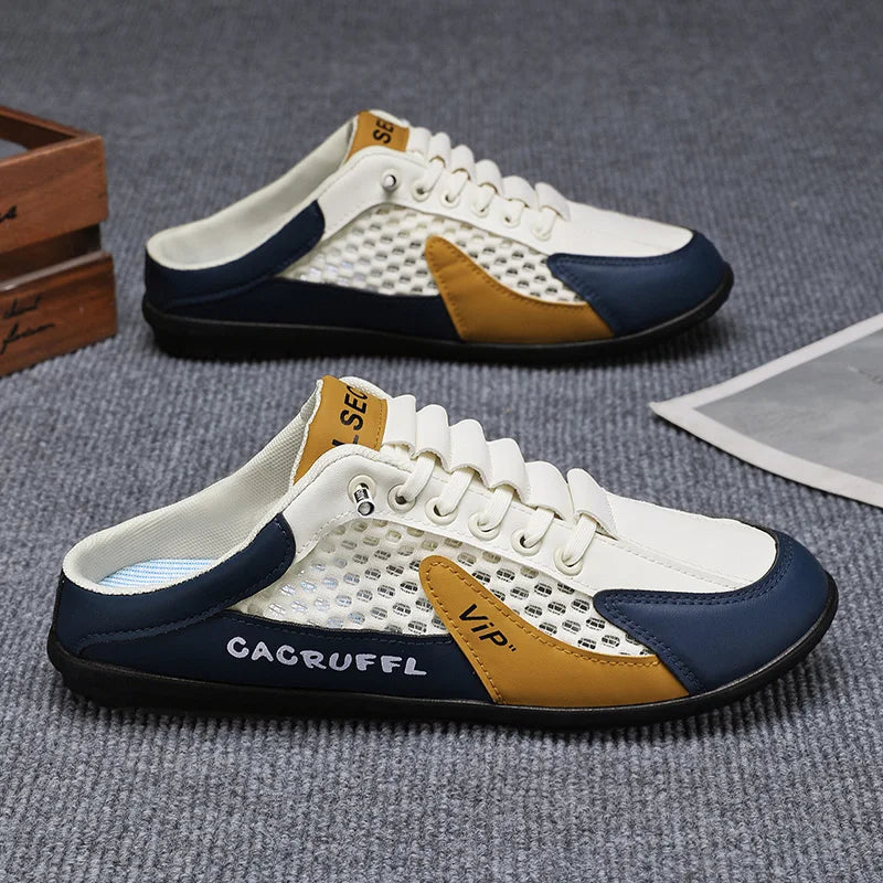 Men's mesh slip-on loafer shoes, white with navy and tan panels, closed toe.