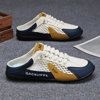 Men's mesh slip-on loafer shoes, white with navy and tan panels, closed toe.