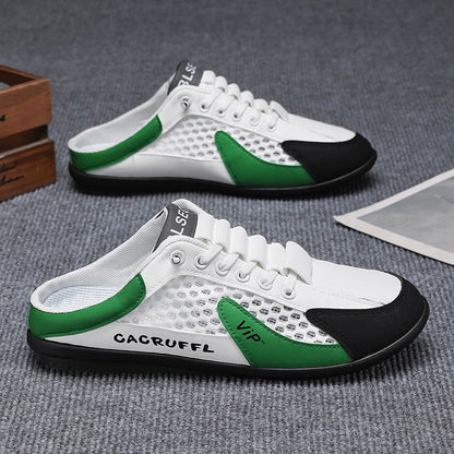 Men's mesh slip-on loafer shoes, white with green and black panels, closed toe.