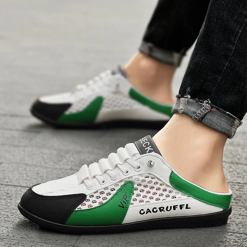 Men's mesh slip-on loafer shoes, white with green stripe and black toe panels, closed toe.