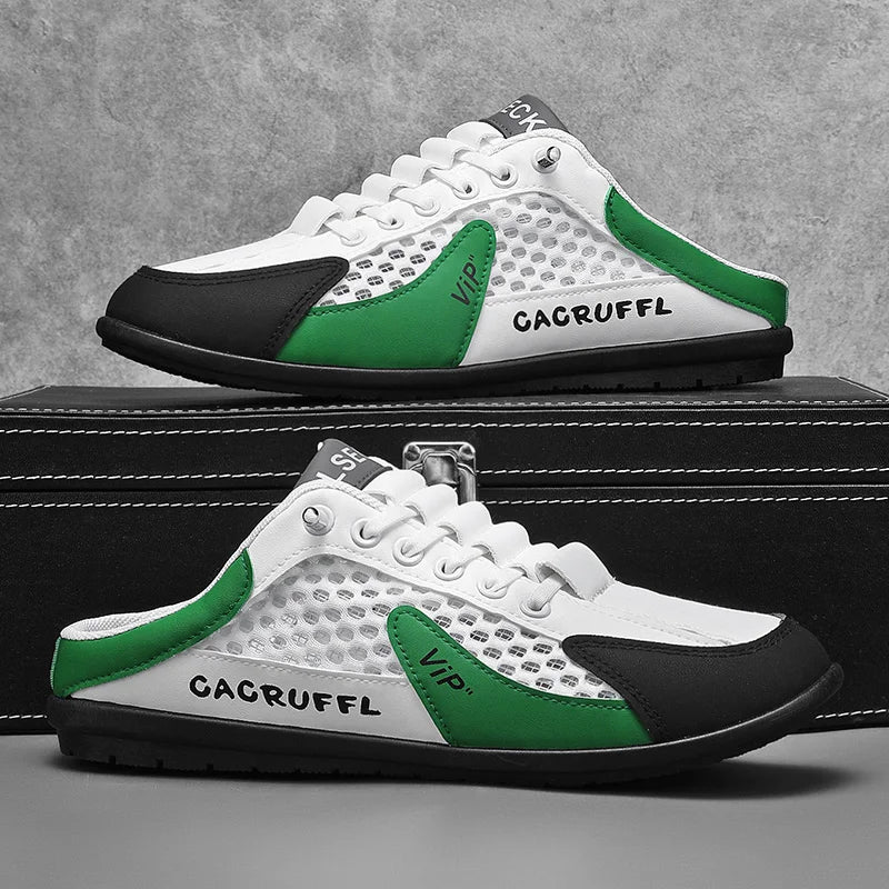 Men's mesh slip-on loafer shoes, white with green accents, lace-up, closed toe.