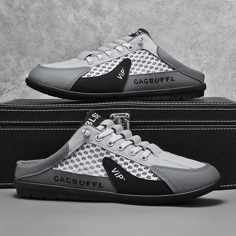 Men's mesh slip-on loafer shoes, white mesh with light gray and black panels, closed toe.