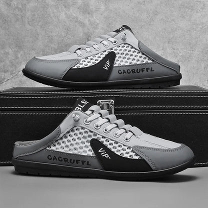 Men's mesh slip-on loafer shoes, white mesh with light gray and black panels, closed toe.