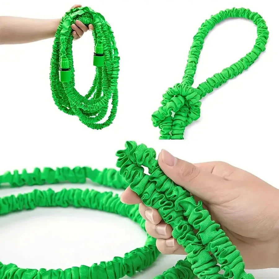 Expandable garden hose with green stretch tubing held in a hand