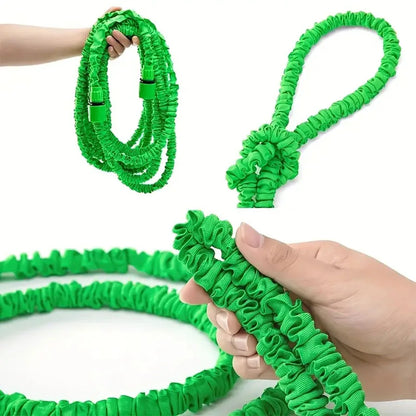Expandable garden hose with green stretch tubing held in a hand