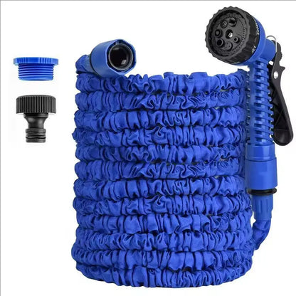 Expandable garden hose with blue spray gun, blue coiled hose, and two connectors