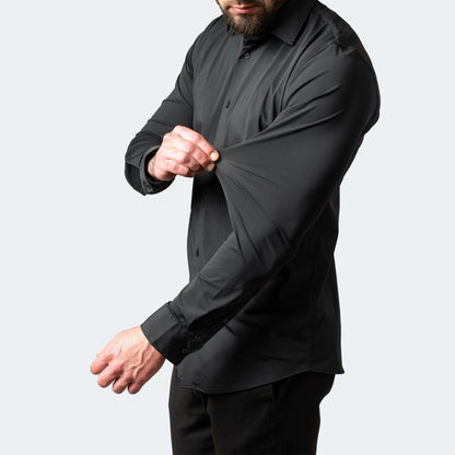 Men's black long-sleeve button-up shirt with spread collar and button cuffs