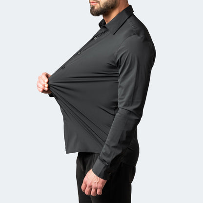 Men's black long-sleeve button-up shirt with spread collar and button cuffs