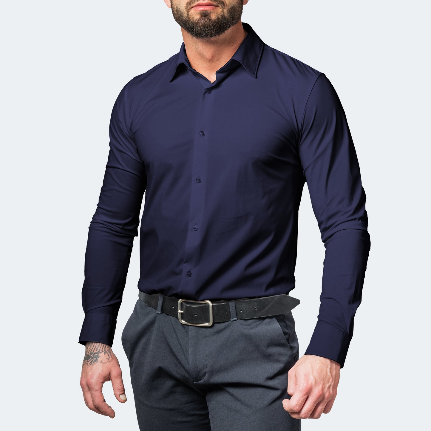 Men's navy long-sleeve button-up shirt with spread collar and button cuffs