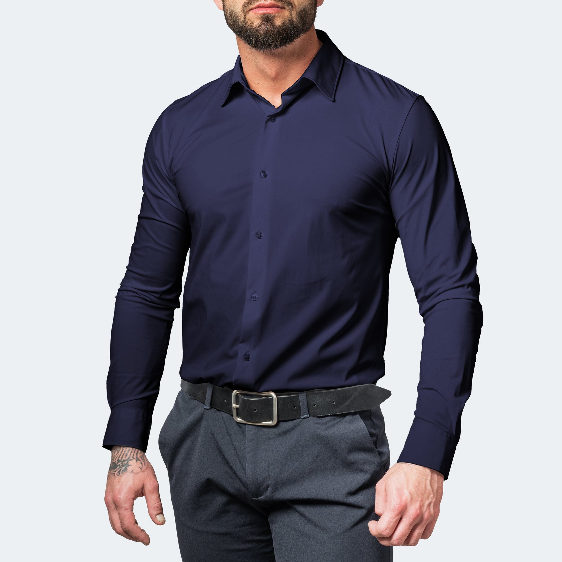 Men's navy long-sleeve button-up shirt with spread collar and button cuffs
