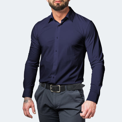 Men's navy long-sleeve button-up shirt with spread collar and button cuffs